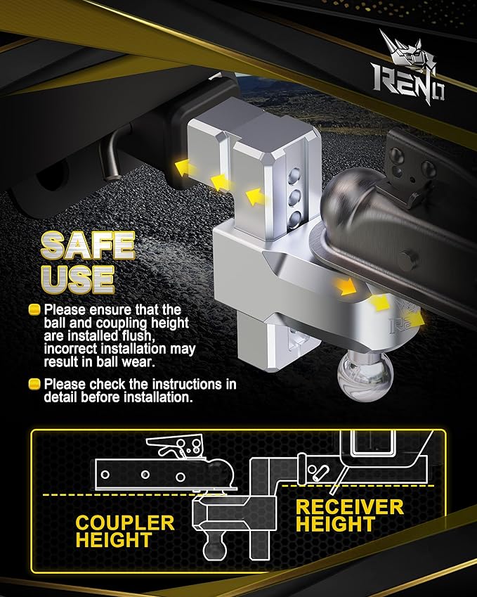 RENO Adjustable Trailer Hitch, Fits 2.5 inch Receiver Hitch 6" Rise/Drop Tow Hitch, Heavy Duty 2" & 2-5/16" Ball Hitches with 18,500 LBS GTW (1 Pack, Aluminum)