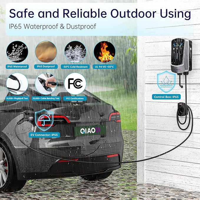 QIAO Level 2 EV Charger Hardwired, Home Charging Station UP to 48A, 240V with Smart APP & Scheduled Charging, J1772 Compatible for All EVs/PHEVs, 25ft Cable, 4.3in Display, IP65 Waterproof