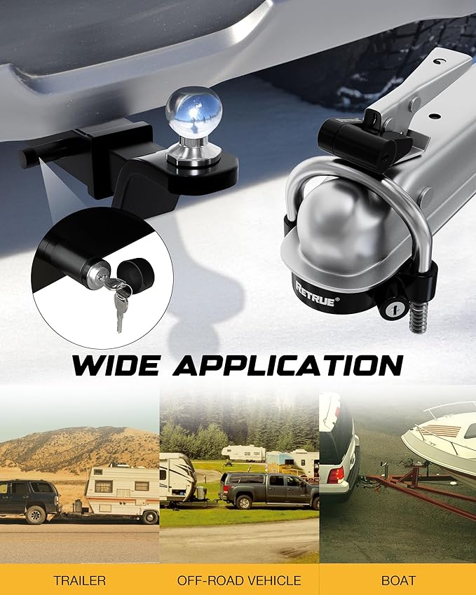 RETRUE Keyed Alike Trailer Lock Set Tow & Store Lock Kit Include Universal Coupler Lock & Dual Hitch Receiver Pin Lock & Trailer Tongue Lock, Black