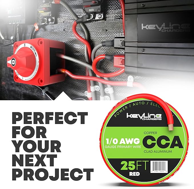 1/0 Gauge Amp Wire - 25ft Red | Best Used for Battery Cable, Marine Speaker Wiring, Solar Systems for RV Trailer, Car Audio Speaker, 8 AWG Automotive Copper Clad Aluminum (CCA)