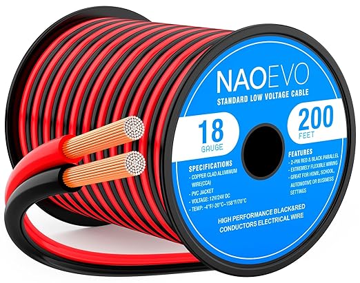 NAOEVO 18 Gauge Wire 200FT, 2 Conductors Electrical Wire Red Black Cable, Flexible/Low Voltage/PVC 18 AWG Copper Clad Aluminum Extension Cord for Speaker, LED Strips, Automotive 12V/24V DC
