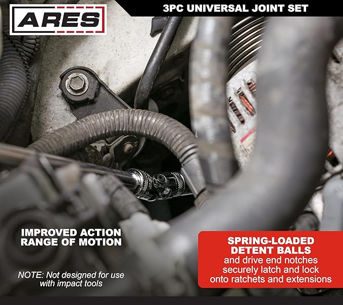 ARES 37001-3-Piece Universal Joint Socket Set - Includes 1/4-Inch, 3/8-Inch, and 1/2-Inch Drive U-Joints - EVA Foam Holder