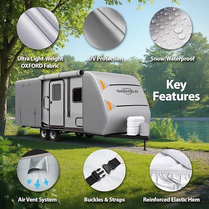 RV Cloud Travel Trailer Cover Fits 16'-18' Lightweight, Waterproof, Windproof, UV Protection, Breathable Air Vents, Durable Camper Cover with Tire Covers, RV Trailers