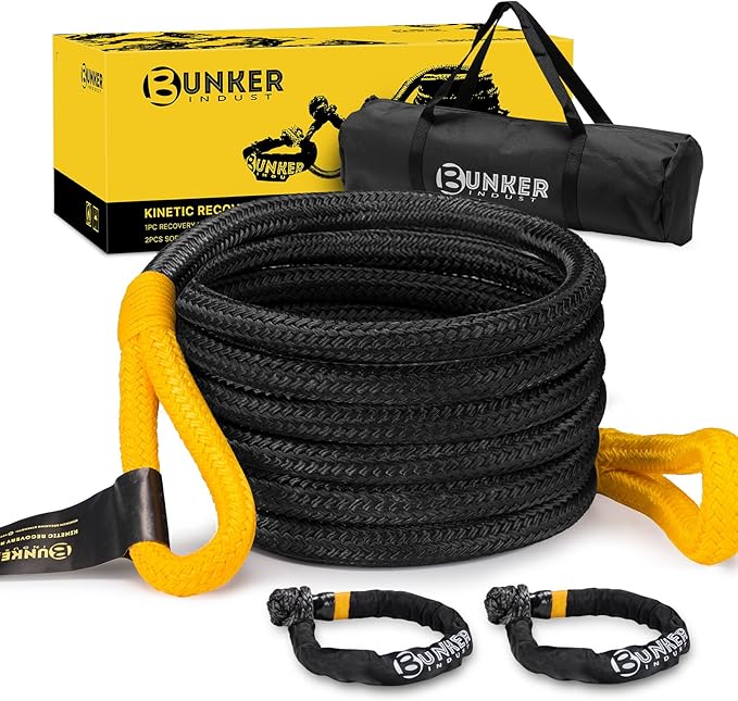 BUNKER INDUST 1.25"×20ft Kinetic Recovery Rope with 2 Soft Shackle Kit, 55000lbs Nylon Tow Rope Heavy Duty Snatch Strap Offroad Recovery Kit for 4x4 Jeep Truck ATV UTV SUV