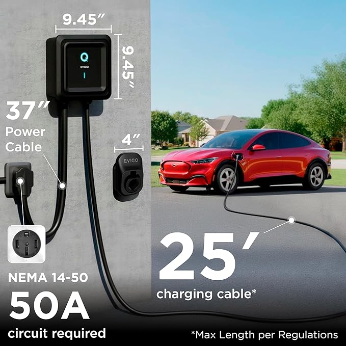 EVIQO Level 2 EV Charger 40 Amp - 9.6 kW 240V Wall Home EV Charger Level 2, NEMA 14-50 Plug, J1772 25' Cable - Enhanced Wi-Fi – UL, ETL Certified EVSE, Smart Electric Vehicle Charging Stations – GEN 2