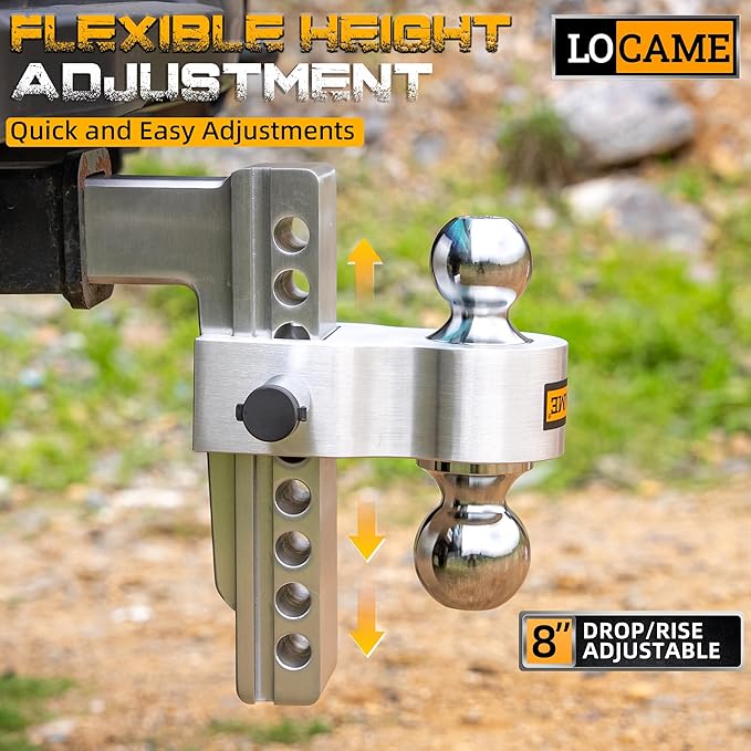 LOCAME Adjustable Trailer Hitch, Fits 2-Inch Receiver, 8-Inch Drop/Rise Aluminum Drop Hitch, 12,500 LBS GTW-Tow Hitch for Heavy Duty Truck with Double Stainless Steel Locks, Silver, LC0004