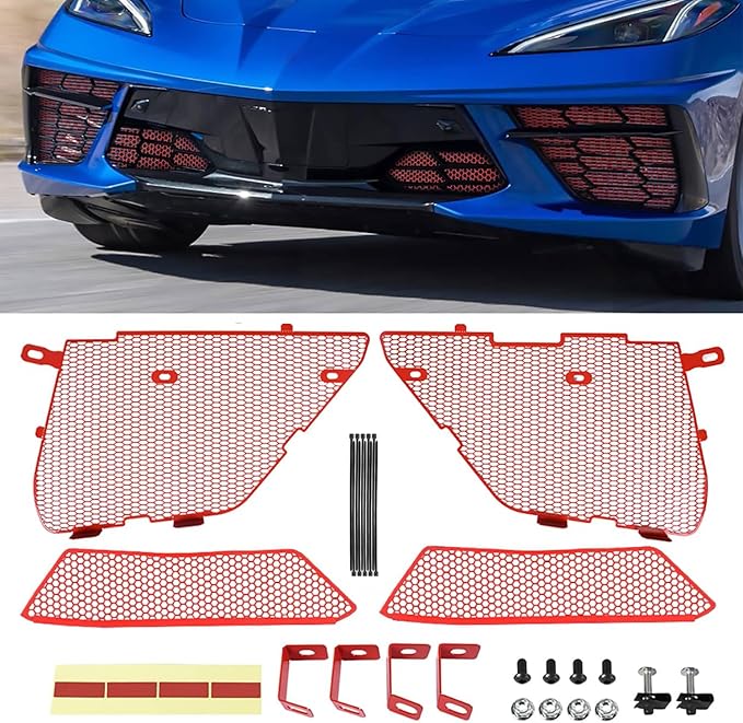 4Pcs Black Upgraded Front Outer & Inner Radiator Guard,Body Bumper OEM Style Front Outer Grill Guard Car Grille Vents Insert Mesh Set for Corvette C8 Stingray Z51 Convertible/HTC 2020-2025