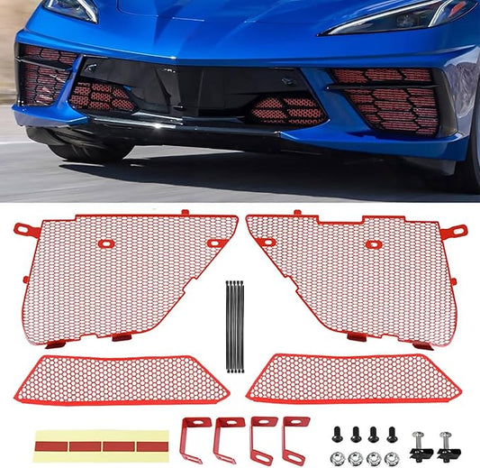 4Pcs Black Upgraded Front Outer & Inner Radiator Guard,Body Bumper OEM Style Front Outer Grill Guard Car Grille Vents Insert Mesh Set for Corvette C8 Stingray Z51 Convertible/HTC 2020-2025
