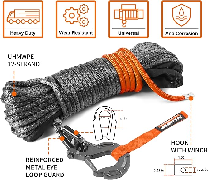 ALL-TOP Synthetic Winch Rope w/Hook & Isolator, 3/16in x 50ft, 8350Lbs UHMWPE Cable Replace Kit, Forged Hook & Rubber Stopper & Safety Pull Strap