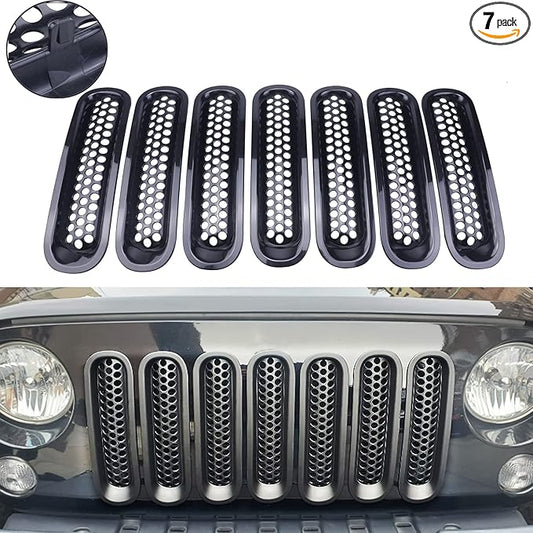 Front Grill Mesh Inserts Clip-in Grille Guard Glossy Black Fits For Jeep 2007-2015 Wrangler JK JKU Sport Freedom Unlimited Sahara
