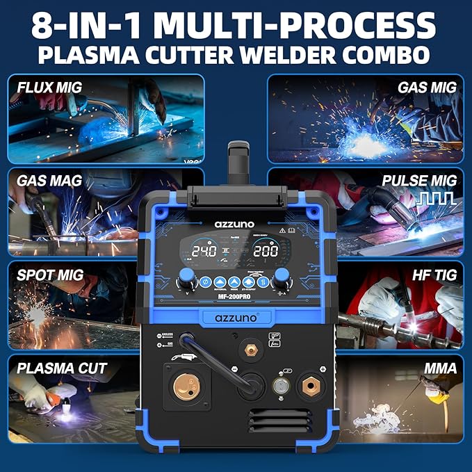 AZZUNO Plasma Cutter Welder Combo 200A, Gas MIG/PULSE MIG/MAG/Flux Gasless MIG/HF TIG/Stick/CUT/SPOT MIG 8 in 1 Multiprocess Welder Machine, 110/220V Dual Voltage Aluminum Welding Machine