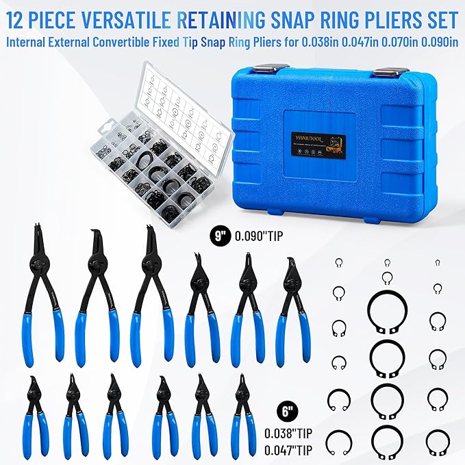 12PCS Versatile Retaining Snap Ring Pliers set,300PCS External Snap Rings,Heavy Duty Fixed Tip Combination Internal/External Snap-ring Pliers for 0.038in 0.047in 0.070in 0.090in