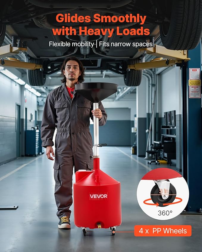 VEVOR 18 Gallon Waste Oil Drain Tank, Industrial Fluid Drain Tank with Adjustable Funnel Height, Portable Oil Drainer with Wheels, Fluid Fuel Transfer Drainage for Auto Repair Shops, Garages, Red