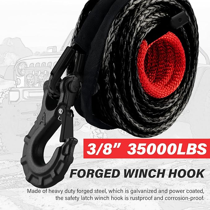 TYT Synthetic Winch Rope Kit - 3/8" x 92' with 27000 lbs Strength, Protective Sleeve, Heavy Duty Hook and Safety Pull Strap for Off-Road 4x4 Vehicles (Black)