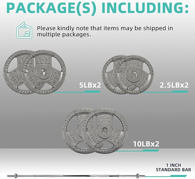 Cast Iron Standard Weight Plates Including 5FT Standard Barbell with Star Locks, 45-Pound Set (35 Pounds Plates + 10 Pounds Barbell), Multiple Styles