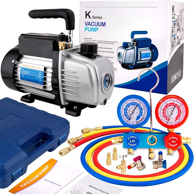 AC Vacuum Pump and Gauge Set - HVAC Vacuum Pump Kit with R134a Gauge Set, 3CFM 1/4HP Single Stage Rotary Vane Pump for AC Maintenance, Automotive Air Conditioning & Refrigeration