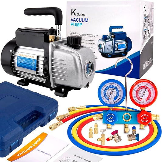 AC Vacuum Pump and Gauge Set - HVAC Vacuum Pump Kit with R134a Gauge Set, 3CFM 1/4HP Single Stage Rotary Vane Pump for AC Maintenance, Automotive Air Conditioning & Refrigeration