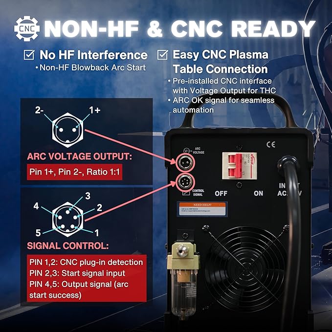 Series LTP8050 CNC | 80A Blowback Plasma Cutter, THC/ARC OK, Drag-Cut, 1" Clean (1.5" Sever), 220V, LED Display & Front Regulator, Air Filter for CNC Table