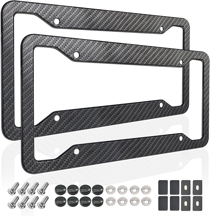 Carbon Fiber License Plate Frames- 2 Pack Black Aluminum Front & Rear Auto Car Tag Holder, Heavy Duty Bracket with Mount Hardware, Screws Caps, Rattle Proof Pads (Carbon Pattern