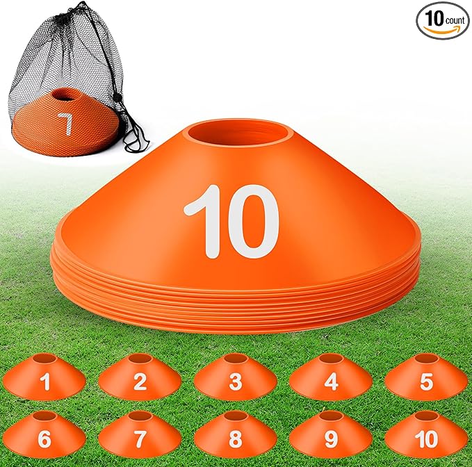 10 Pcs Numbered Sports Disc Cones 1-10 Soccer Cones with Mesh Carry Bag Flexible Agility Cones Soft Field Cones for Gym PE Classes School Activities Games, Sports Training Equipment
