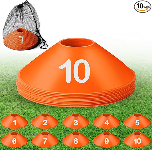 10 Pcs Numbered Sports Disc Cones 1-10 Soccer Cones with Mesh Carry Bag Flexible Agility Cones Soft Field Cones for Gym PE Classes School Activities Games, Sports Training Equipment