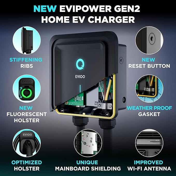 EVIQO EV Charger Level 2 48 Amp - Level 2 EV Charger Hardwired, 240V Electric Vehicle Charging Stations, J1772 Chargers 11.5kW, Wall EV Chargers for Home, EVSE EV Charging Station 25' Cord - Gen 2