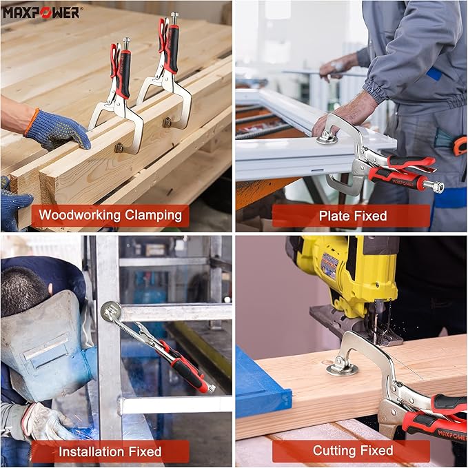 MAXPOWER 11-Inch Locking C Clamp Set, 2 Pack Metal Face Clamp with Large Flat Swivel Pads, Adjustable Heavy Duty C Clamps Locking Pliers for Woodworking, Carpentry, Cabinetry, Welding and Repair