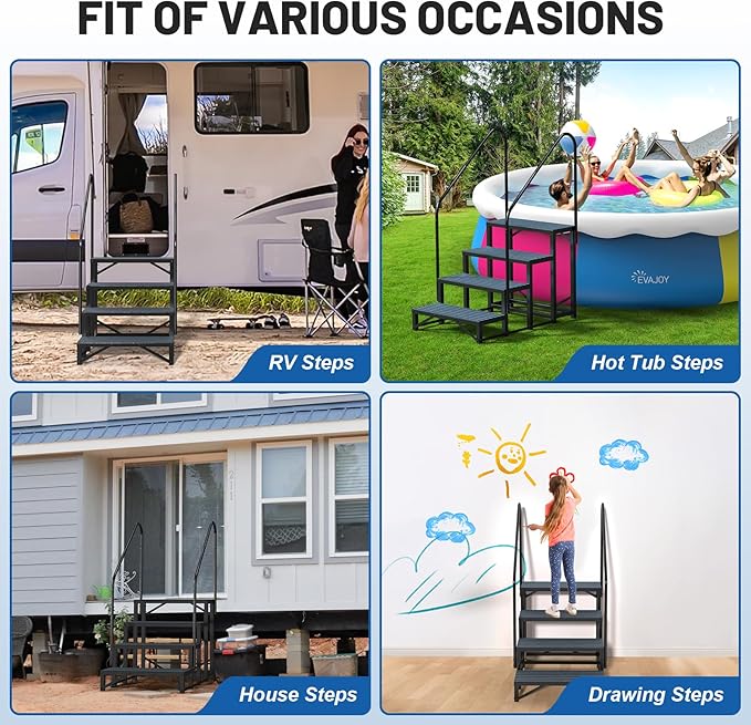 RV Steps Spa Steps with Handrail -4 Step Hot Tub Steps Trailer Steps Mobile Home Stairs for 5th Wheel RV, Trailer, Hot Tub, Pool, Porch with Non-Slip Mats