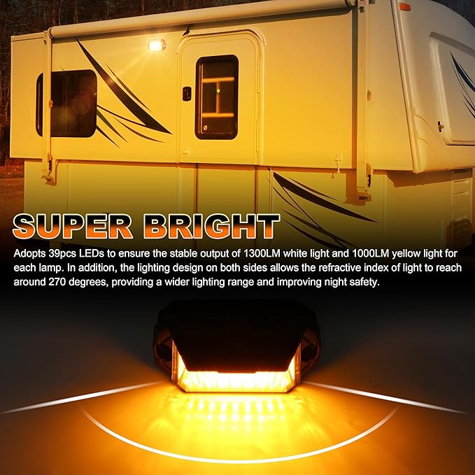 RV Exterior Light, 1300LM Aluminum LED Porch Light With Dual Color White/Amber for RV Camper Trailers Truck Porches Towing 5th Wheels 1 PCS