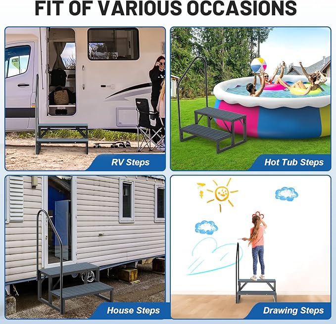 RV Steps Spa Steps with Handrail - 2 Step Hot Tub Steps Trailer Steps Mobile Home Stairs for 5th Wheel RV, Trailer, Hot Tub, Pool, Porch with Non-Slip Mats
