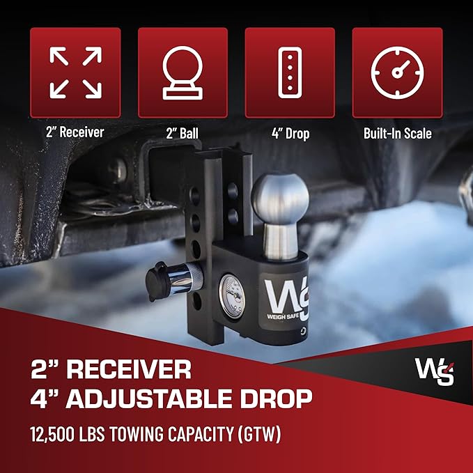Weigh Safe Aero Hitch - Adjustable Trailer Hitch Ball Mount - 4" Drop Hitch for 2" Receiver - Premium Heavy Duty Steel Trailer Tow Hitch w/Built in Weight Scale for Anti Sway, 12,500 lbs GTW
