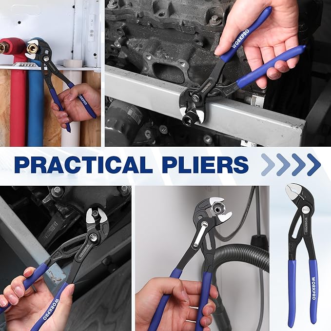 WORKPRO 10" Water Pump Pliers, V-Jaw Groove Joint Pliers, Upgraded 50mm Wide Opening, Quick Adjustable Plier for Home and Industrial Repair, CR-V Steel, Dual Serrated, Soft Grip