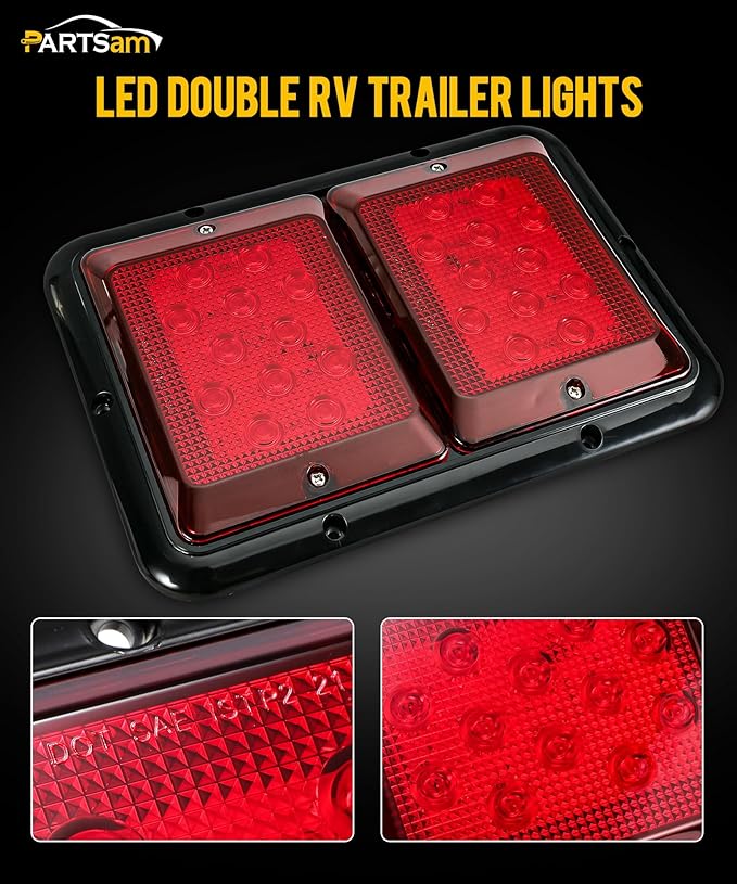 Partsam 2X Double RV Trailer Camper Tail Lights 24-2835 LED Horizontal Vertical Surface Mount Double Trailer Light Taillight Red Lens Red Light Black Base 12V IP67 Waterproof