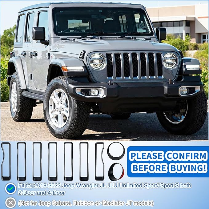 Nilight Grill Inserts fit for Jeep Wrangler Front Grille Inserts Headlight Cover Set for JL JLU Unlimited Sport SportS 2018 2019 2020 2021 2022 2023 Grille Bezels Trim Exterior Accessories Black 9 Pcs