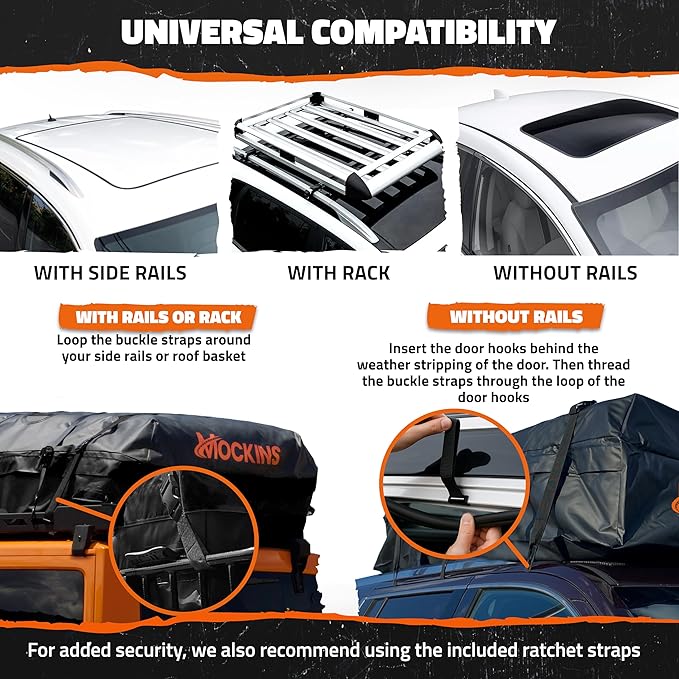 Mockins 72"x48"x20" XXL Car Rooftop Cargo Carrier Bag | 40 CuFt Car Topper Luggage Carrier Waterproof Bag | Soft-Shell Vinyl Roof Cargo Bag for Top of Car, Truck, SUV, Van & RV with Accessories