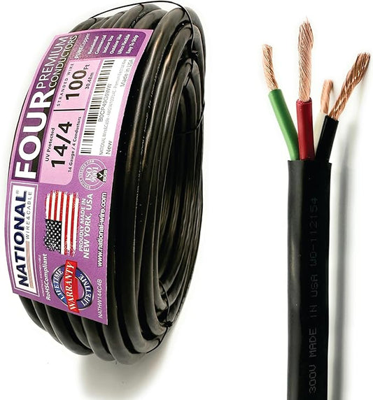 NATIONAL Wire & Cable – 14 AWG 4-Conductor Premium Copper Wire, 100 ft, Stranded | Made in USA, Heavy-Duty Flexible Jacket | Automotive, Low Voltage, LED, Lights, DIY, Indoor and Outdoor Use