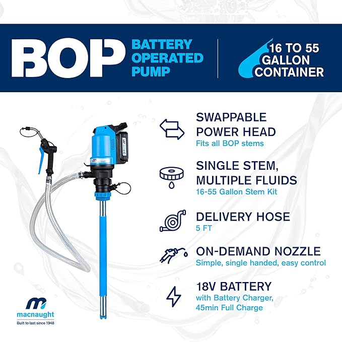 Macnaught BOP Battery Operated Oil Pumps - 16 to 55 Gallon, 5FT Hose, On-Demand Nozzle – for Oil, ATF, Coolant, Hydraulic Fluids – 2 Years Warranty (16-55 Gal Complete Starter Kit)