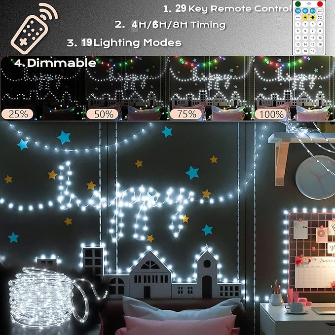 New Upgraded Solar Rope Lights Outdoor 500 LED 170FT 19 Modes Solar & USB Rechargeable String Lights with Remote Timer Dimmable Waterproof for Garden Camping Pathway RV Christmas Decor (500LED-White)