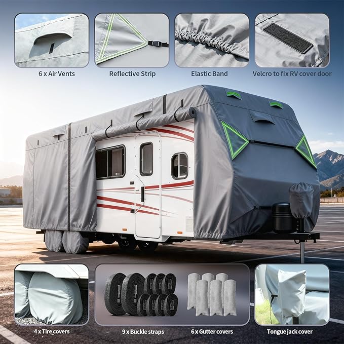 RV Cover, 7 Layers Waterproof Camper Cover with Tongue Jack Cover, Windproof Travel Trailer Cover with Gutter Cover, Fit for 27-30ft