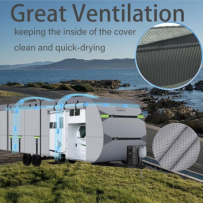 24-27FT RV Cover Upgraded 8 Layers Top Windproof Travel Trailer Camper Cover Cover for 24' to 27' RV, with Tire Cover,Hauler Cover Tongue Jack Extra Long Windproof Ropes