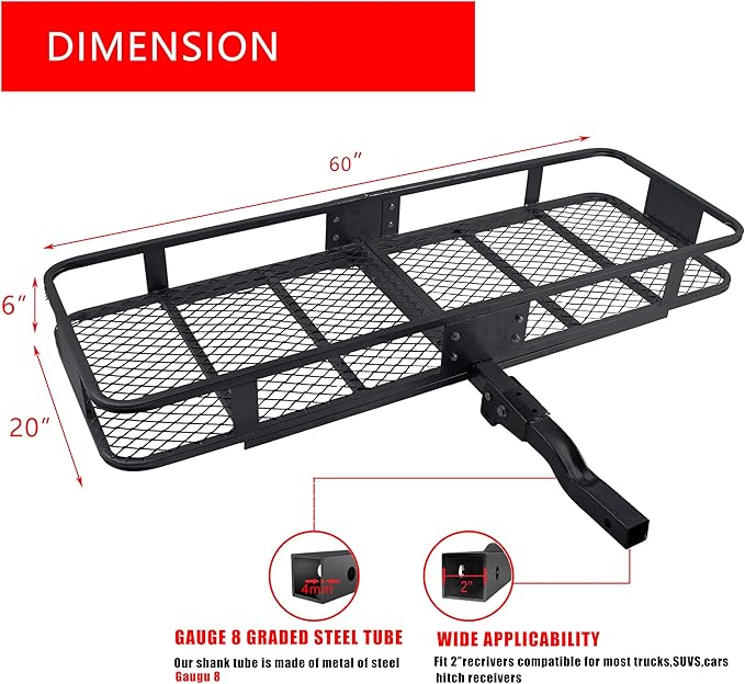 Folding Hitch Mount Cargo Carrier Basket 60x20x6” Rear Luggage Rack Basket,500LBS Capacity, Hitch Mount for 2" Receivers, Powder Coating, Heavy Duty, Durable, Easy Assembly, Straps Stabilizer