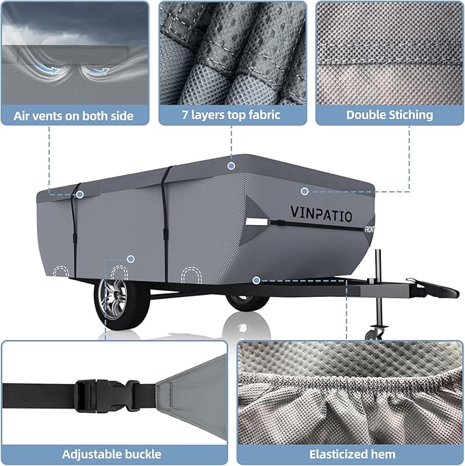 VINPATIO Pop Up Camper Cover, Folding Camper Tent Trailer Cover Fits 10'-12' Trailers, Waterproof & Anti-UV Pop-up Camper Cover with Windproof Straps