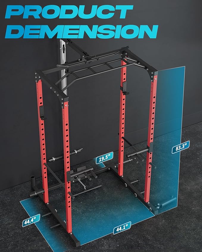 PeakPursuit Power Cage Squat Rack with LAT Pulldown & Low Row, 1200LBS Home Gym Power Rack with J-Hooks, Dip Bars, Pull Up Bar, Landmine, Weight Rack & Cable Pulley System for Strength Training
