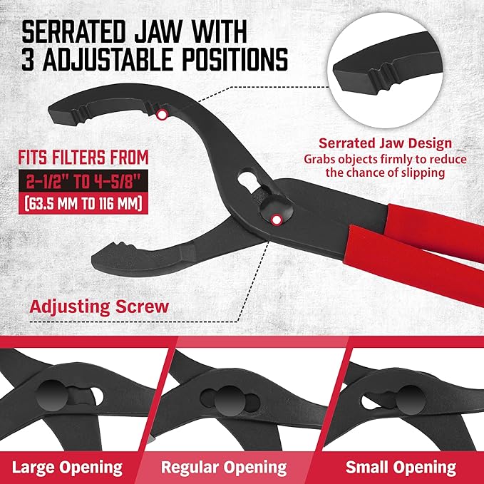 HORUSDY 12" Adjustable Oil Filter Pliers, Adjustable Oil Filter Wrench Removal Tool (Red)