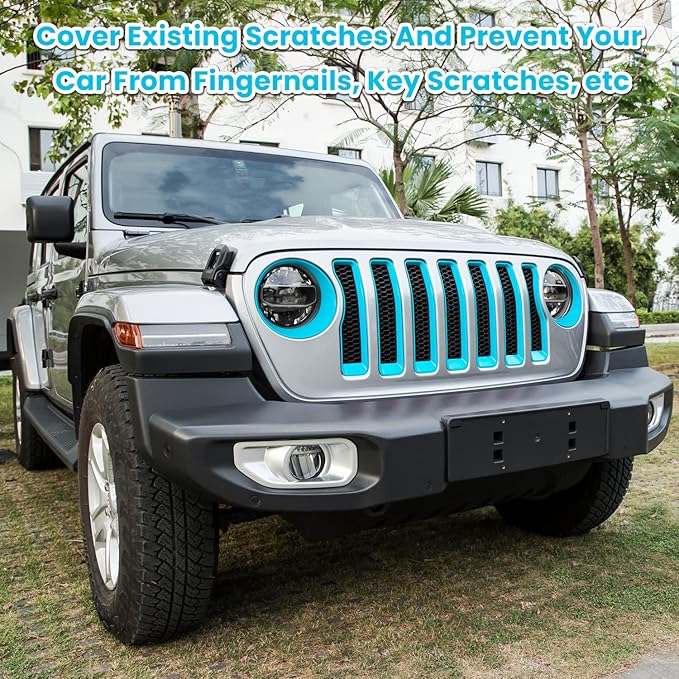 Front Grille Mesh Inserts & Headlight Cover for Jeep Wrangler JL JLU Sport & Sport S Only 2018-2023 Exterior Accessories Clip-in Grille Guard Cover Headlight Bezels Trim Ring (Light Blue 9PCS)