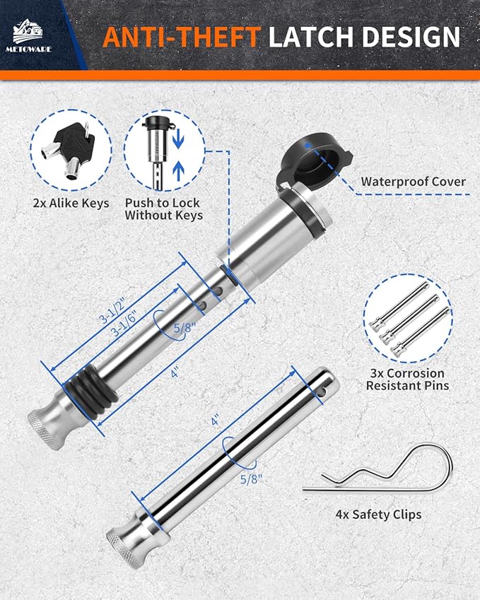 METOWARE Adjustable Trailer Hitches Fits 2-Inch Receiver - Adjustable Ball Mount with 8-Inch Drop/Rise (12,500 LBS GTW) - Dual Ball (2'' x 2-5/16'') and Anti-Theft Stainless Steel Trailer Lock