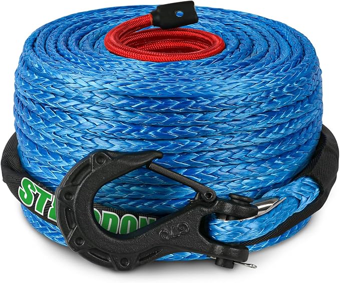 Synthetic Winch Rope, 3/8" x100ft 23809LBS Dyneema Winch Rope 3/8 Heavy Duty Winch Cable with Protective Sleeve Forged Winch Hook for 4WD Off Road Vehicle Truck SUV (Blue)