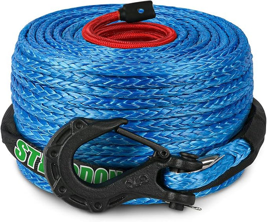 Synthetic Winch Rope, 3/8" x100ft 23809LBS Dyneema Winch Rope 3/8 Heavy Duty Winch Cable with Protective Sleeve Forged Winch Hook for 4WD Off Road Vehicle Truck SUV (Blue)
