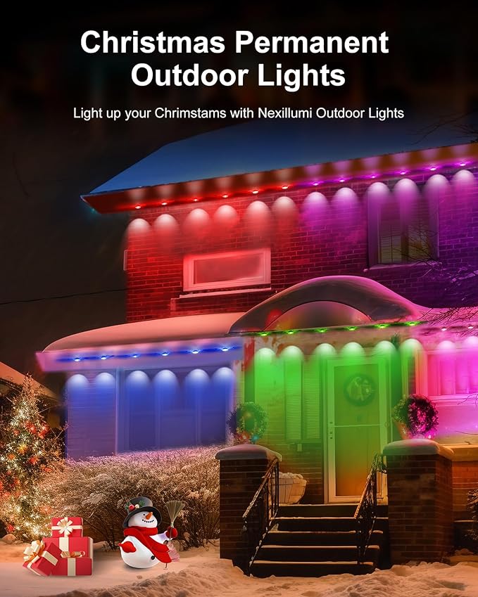 Nexillumi Permanent Outdoor Lights for House, 100ft Smart RGB Outside Lights with 72 Scene Modes, IP68 Waterproof Eaves Lighting for Christmas All Holiday Decorations