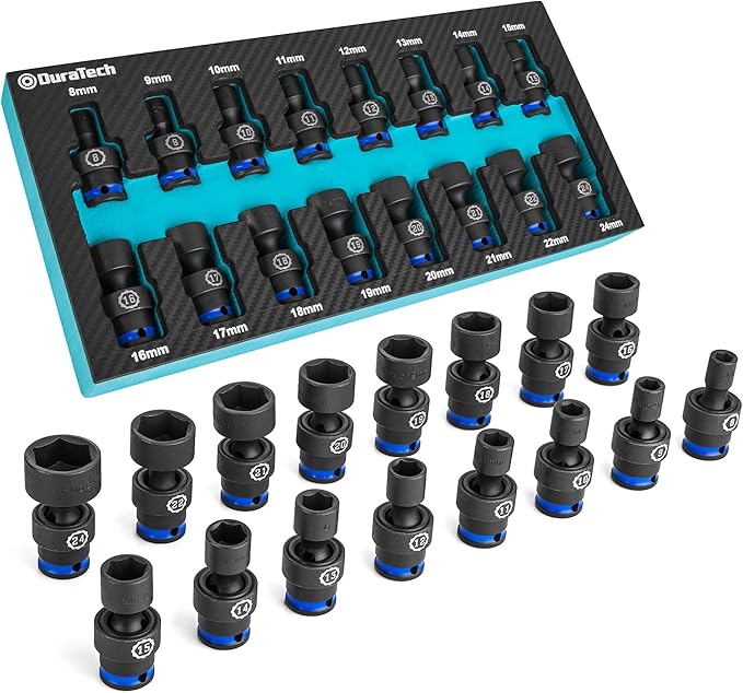 DURATECH 3/8" Drive Impact Universal Joint Socket Set, Swivel Socket Set, 16-Piece, Metric, 8-24MM, Cr-Mo Steel, Organized in EVA Foam Organizer